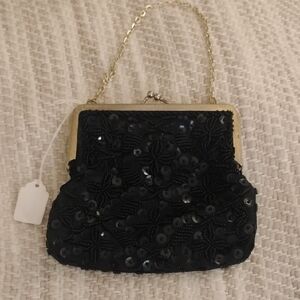 Vintage Elegant Black Beaded Clutch with Gold Chain